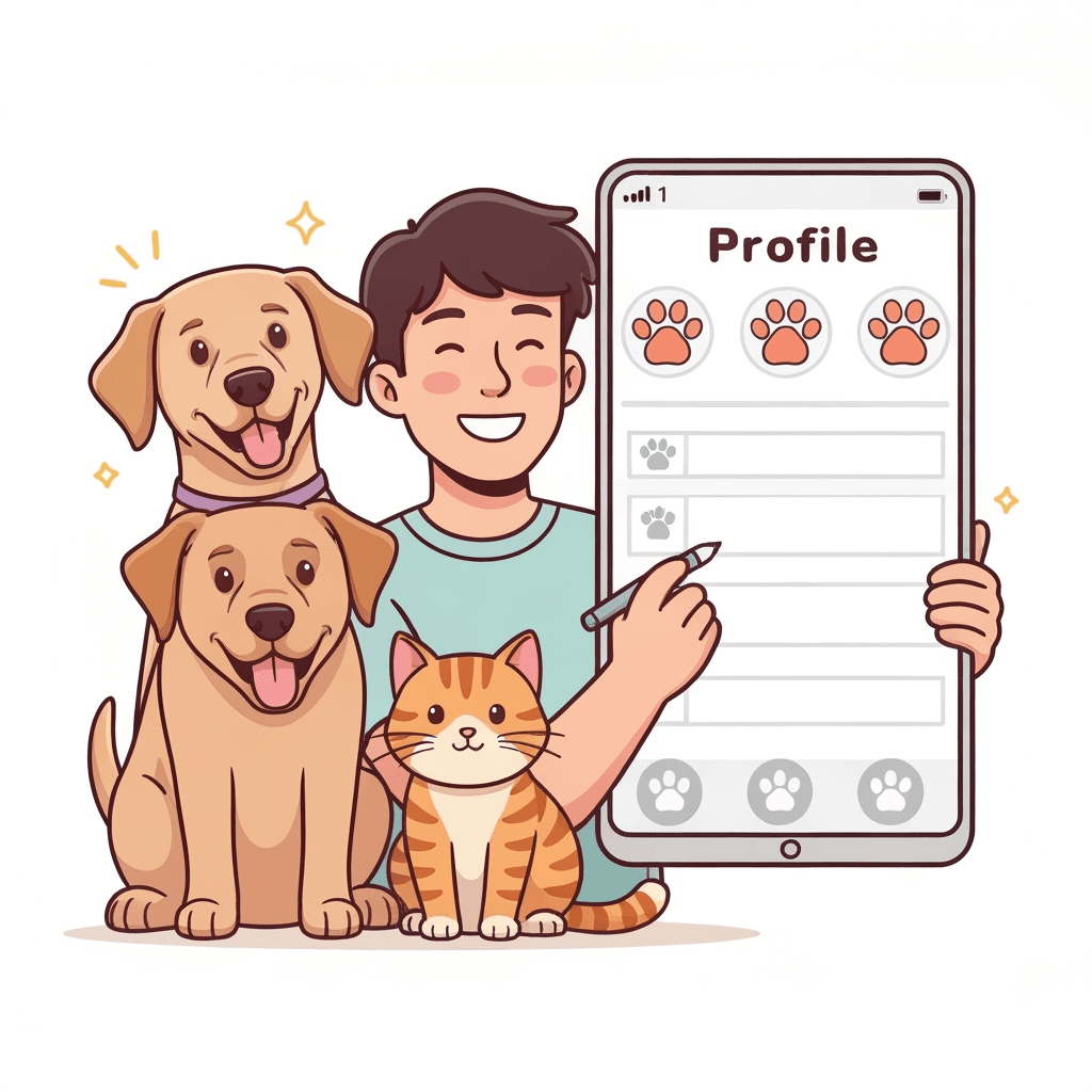 Illustrazione carina di animali domestici in stile cartoon con colori pastello