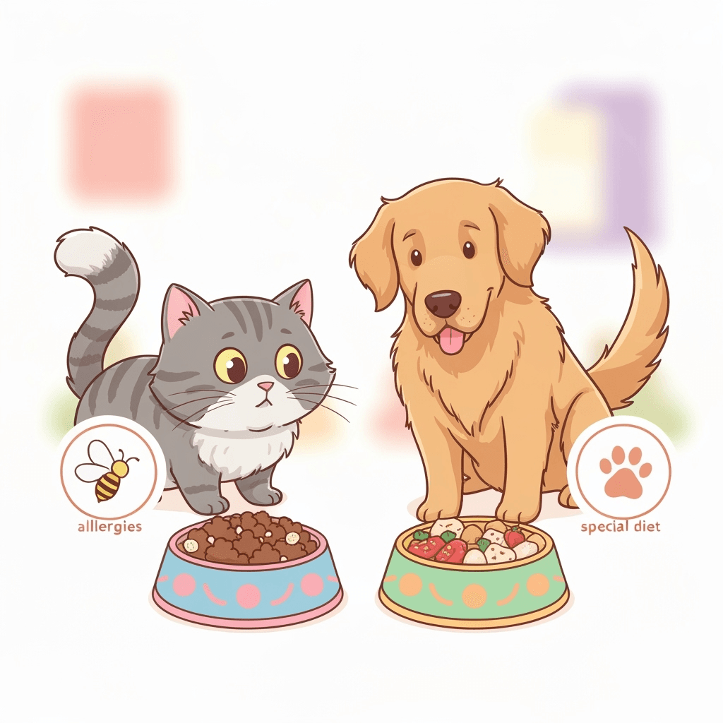 Illustrazione fantasiosa con colori pastello che mostra preferenze alimentari per animali